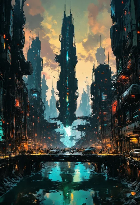 photorealistic image of a bustling sci-fi metropolis, chrome towers, a bridge running over a clear, fast-flowing large river with azure waters, mythp0rt, sunset, vivid vibrant colours