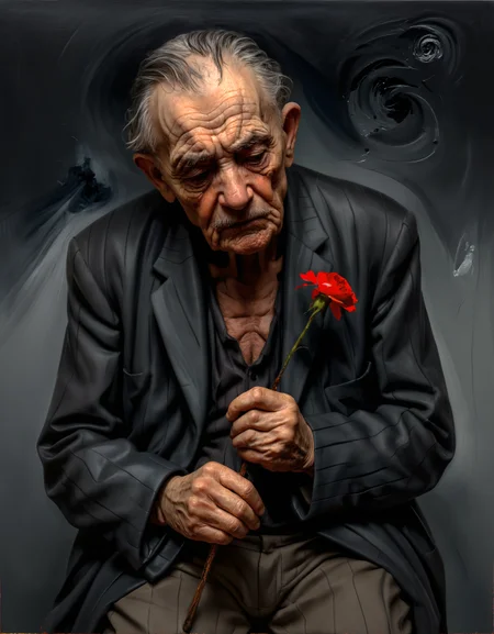 (zavy-ldprtrt), old man, Cold, alone, unloved, depression, self-loathing, crying, holding aa wilting flower, (Surrealist, Expressionist, rough sketch, Oil painting) (tenebrism, pentimento:1.4) (by Salvador Dali) (by Zdzislaw Beksinski) (by Egon Schiele)
