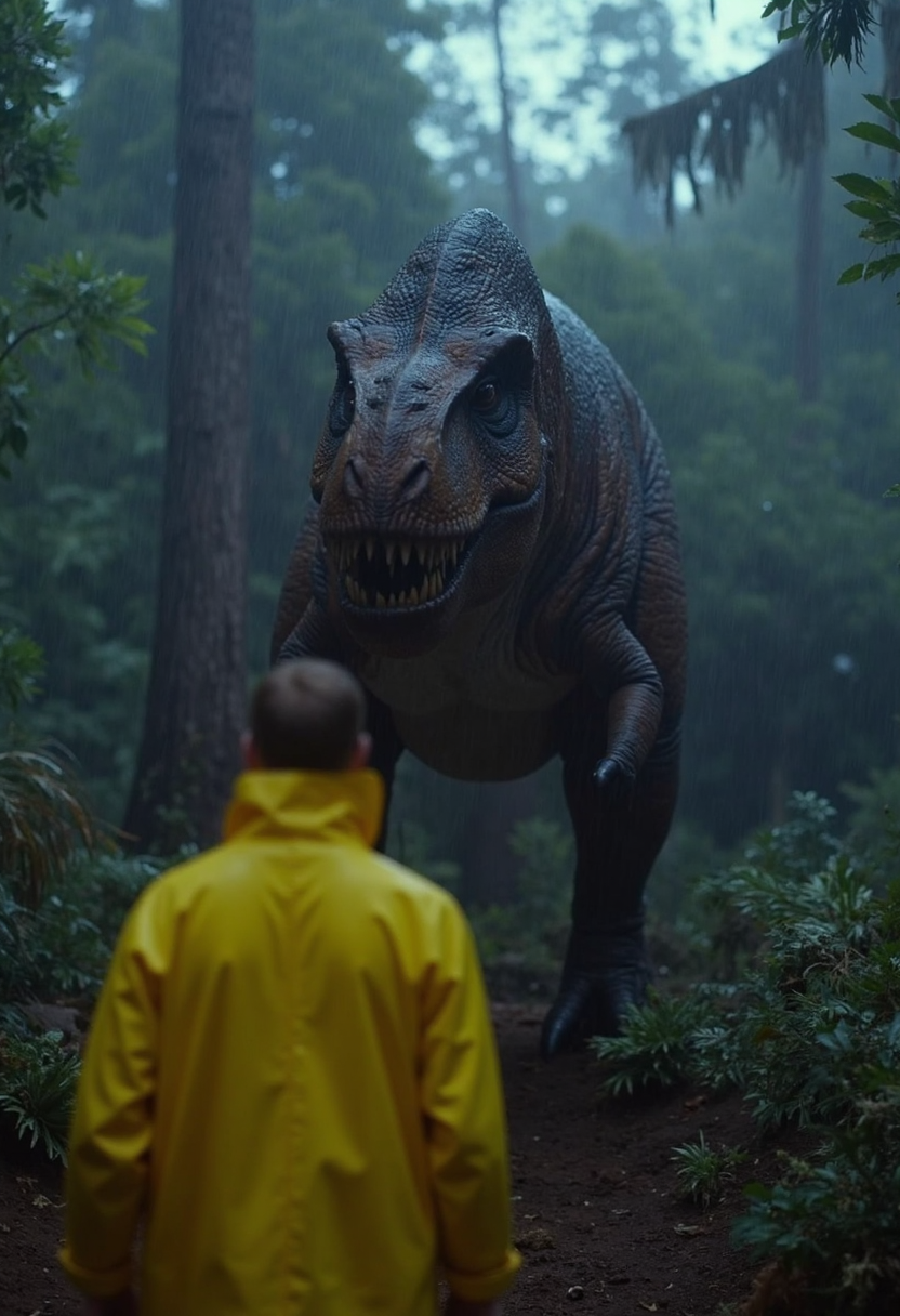 cinematic full shot of a huge t-rex dinosaur in a forest during a rainy night. A man in a yellow rain coat is standing in the foreground, facing away from the viewer and out of focus, photorealistic, sharp focus, very detailed skin texture <lora:dinosaur_practical_fx-000025:1>