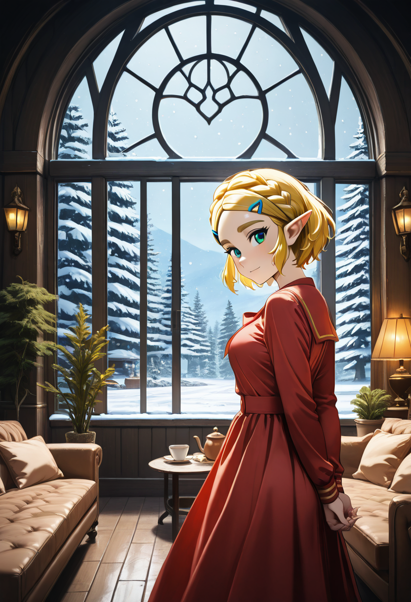 masterpiece, best quality, 1girl, solo, eyelashes, (beautiful eyes), detailed face, head tilt, side view, detailed window,   d4rk4c4dem1a, sky, day, tree, cup, pillow, book, no humans, window, table, plant, couch, snow, wooden floor, snowing, potted plant, lamp, winter, bare tree, pine tree,  arms behind back, red dress, crown braid, princess zelda  ,<lora:DarkAcademia_IXL:0.8>,