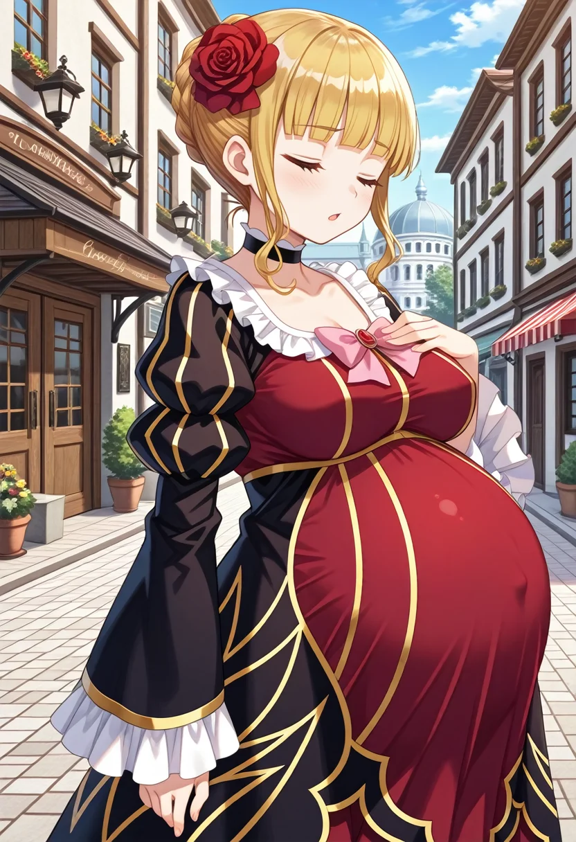 STYLE(comfy++,none) masterpiece, best quality, absurdres, 1girl, [tsukasawa takamatsu:cura, fuzichoco:0.3], torino aqua, beatrice \(umineko\), umineko no naku koro ni, blue eyes, blonde hair, hair flower, dress, choker, medium breasts, pregnant, big belly, standing, closed eyes,  grimace, chestnut mouth, looking ahead, breast suppress, v, arm at side, cowboy shot, from side,  day, street, game cg, <lora:Other/Pregnancy_Slider.safetensors:1.2000000000000002:1.2000000000000002> <lora:Tech/dmd2_sdxl_4step_lora_fp16.safetensors:1.0:1.0> <lora:Other/pregnant_c_v3.safetensors:1.0:1.0>