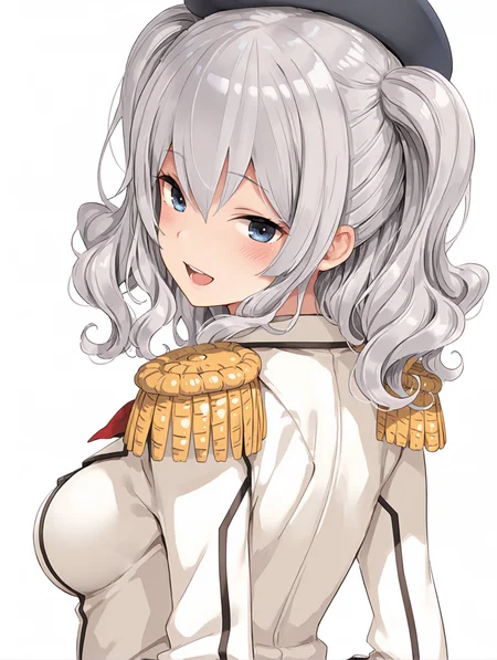 masterpiece,best quality,newest,1girl,solo,
<lora:kashima_ilxl_v1.2:1>,kashima,k_hat,black beret,k_clothes,epaulettes,white jacket,long_sleeves,
<lora:Fixhands_anime_bdsqlsz_V1:1>,open mouth,:d,blush,simple background,white background,looking_at_viewer,looking_back,from behind,from_back,upper_body,