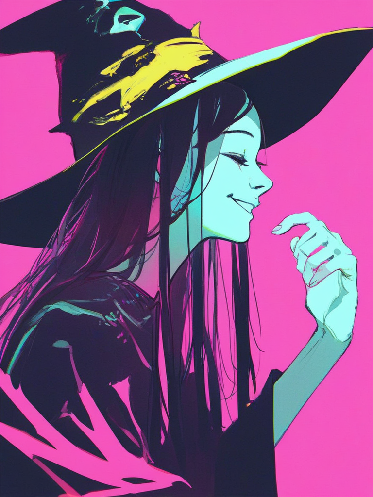source_anime, score_9, score_8_up,morkborg, 1girl, solo, witch hat, witch, upper body, smile, neon colors,  bright colors , pink background,  flat color, cel shading, lineart, crosshatching,  <lora:MorkBorgPDXL:1>