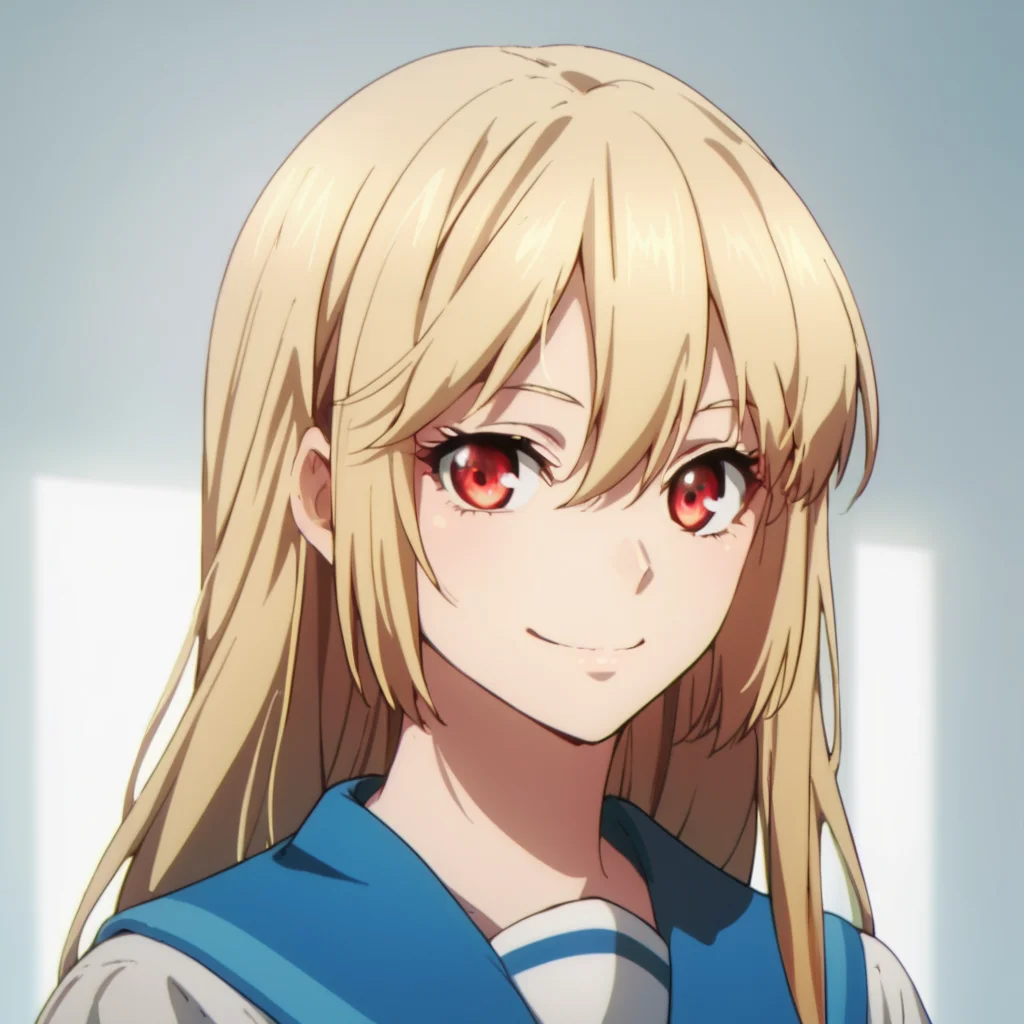 score_9, score_8_up, score_7_up, score_6_up, score_5_up, score_4_up, source_anime, Asagi, blonde hair, red eyes, , school uniform, portrait, smile
