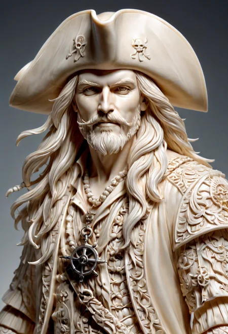 ivory_carving_style, beautiful picture of a pirate, closeup, made out of delicate and fragile fine original ivory material, whole body, masterpiece, flawless, elegant, vibrant details, (expansive view:1.4), (clear outlines:1.4), (ultra detailed:1.4), 64K, (high contrast:1.4), award winning, stunning, beautiful composition, clean sharp focus, SFW, realistic
