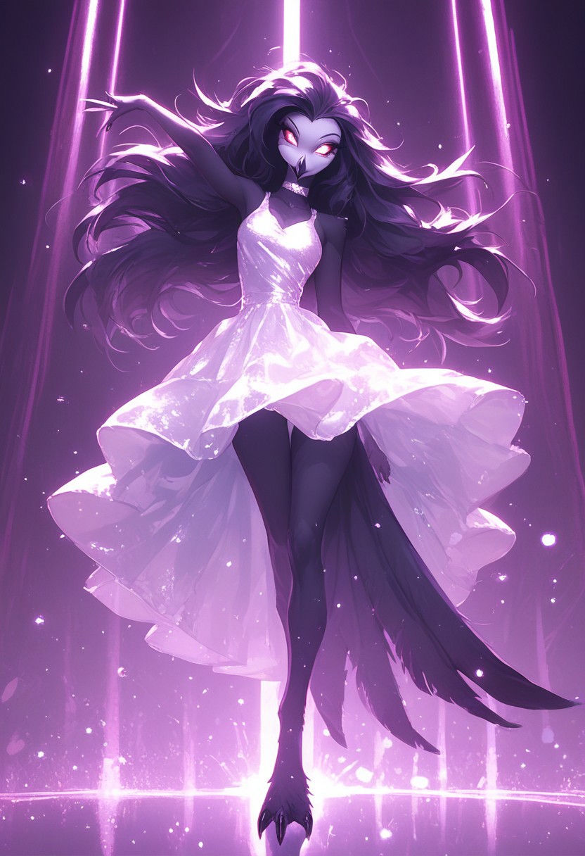 score_9, score_8_up, score_7_up, score_6_up, 1girl, solo, octavia, octavia, avian bird demon owl owl_demon, beak, red sclera, from hellova boss, anthro furry, long hair, nightclub outfit, tight white dress, perfect face, perfecteyes, sexy, sexy girl, beautiful eyes,  dancing, dynamic angle, full body shot, red eyes, glowing eyes, pop star, , neon lights, glowing lights