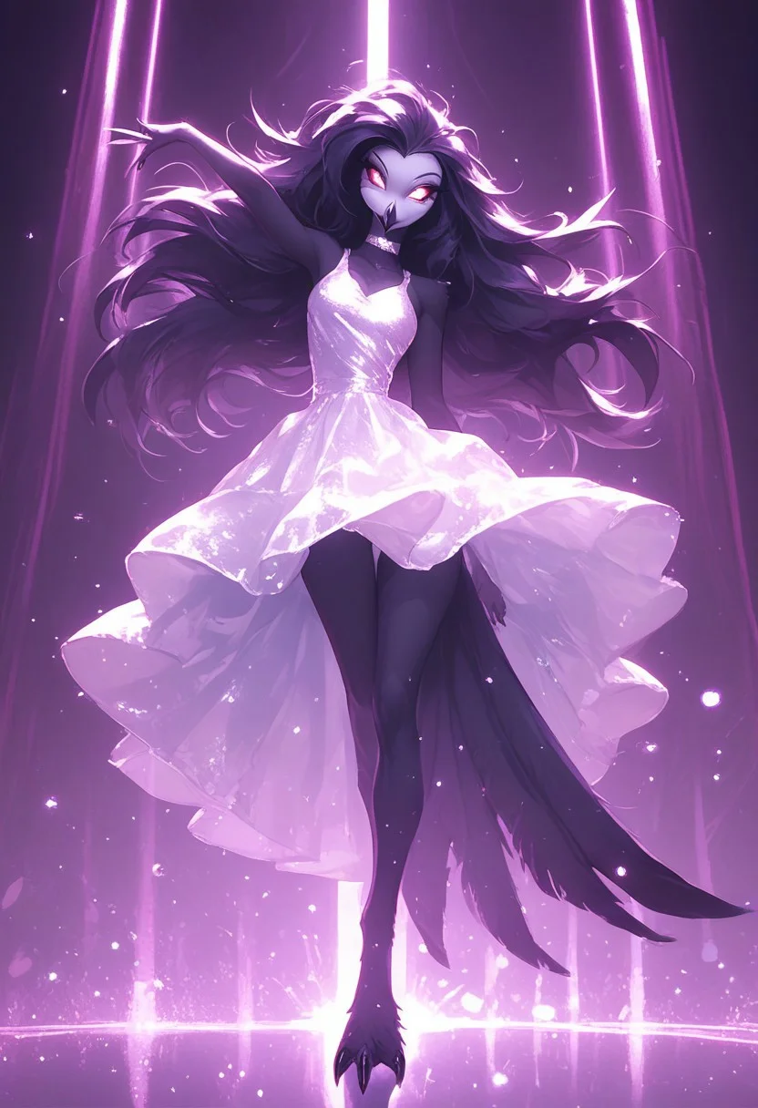 score_9, score_8_up, score_7_up, score_6_up, 1girl, solo, octavia, octavia, avian bird demon owl owl_demon, beak, red sclera, from hellova boss, anthro furry, long hair, nightclub outfit, tight white dress, perfect face, perfecteyes, sexy, sexy girl, beautiful eyes, dancing, dynamic angle, full body shot, red eyes, glowing eyes, pop star, , neon lights, glowing lights