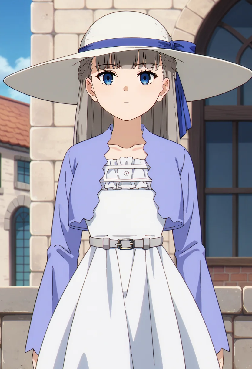 score_9, score_8_up, score_7_up, source_anime,
<lora:SousouNoFrieren_LawineXL:0.8>, LawineSSnF,
1girl, solo, closed mouth,
grey hair, long hair, french braid, blue eyes, blunt bangs,
LawineCasual, sun hat, hat ribbon, purple jacket, cropped jacket, open jacket, white dress, frills, grey belt, collarbone,
looking at the viewer, standing, facing viewer,
outdoors, city, medieval, fantasy, building