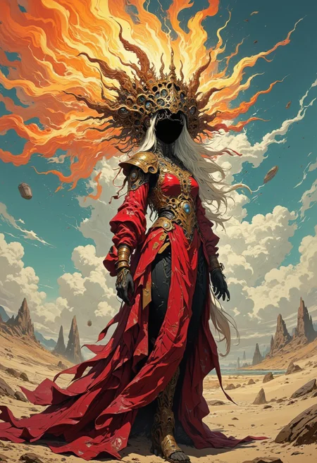 This is a digital illustration in a surreal painterly style. The central figure is a woman with a large, highly bizarre and intricate, fiery crown that extends flames and fire into the sky. Her facial features are not visible as her face is completely silhouetted in black nothingness. She long white hair flowing in the wind and wears an intricate ornamented flowing, ruby red robe. The background features a surreal arid landscape with numerous mirrors and portals to other dimensions. the cloudy, ominous sky, enhancing the dramatic and mystical atmosphere. The lighting is mostly natural, highlighting the contrast between her pale skin and the fiery crown. The camera angle is a low, slightly tilted shot, emphasizing her regal and enigmatic presence.