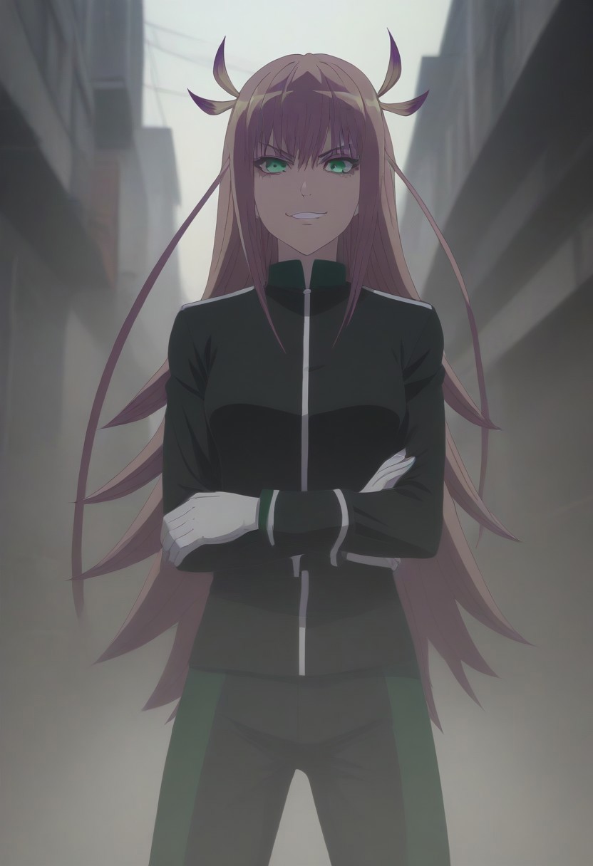 <lora:SlimesKanonIsui:1>, slimes_kanonisui, woman, solo, green eyes, alley background, evil smirk