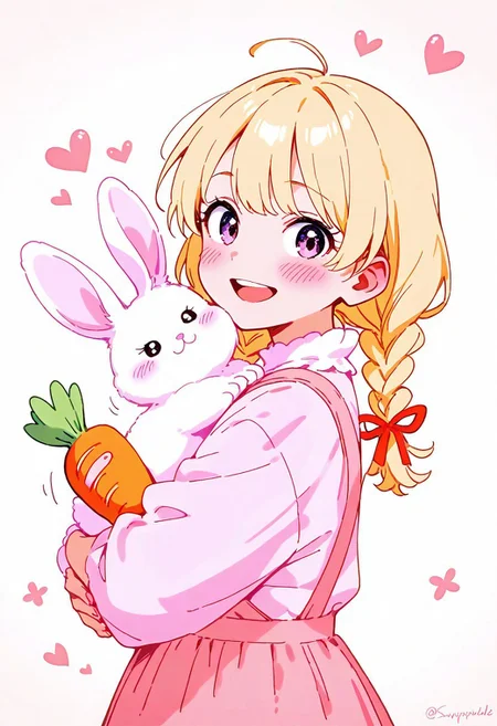 (masterpiece, best quality, good quality), side view, illustration, lovely girl, 1girl, bunny, very awa, very aesthetic, cute bunny, farmer's, blonde, braids, bangs, girl holding bunny, bunny holding big carrot, head tilted, blush, white fur, smiling girl, upper teeth, pastel colors, heart, deadly cutiness, red ribbon, ribbon, sunpuddle