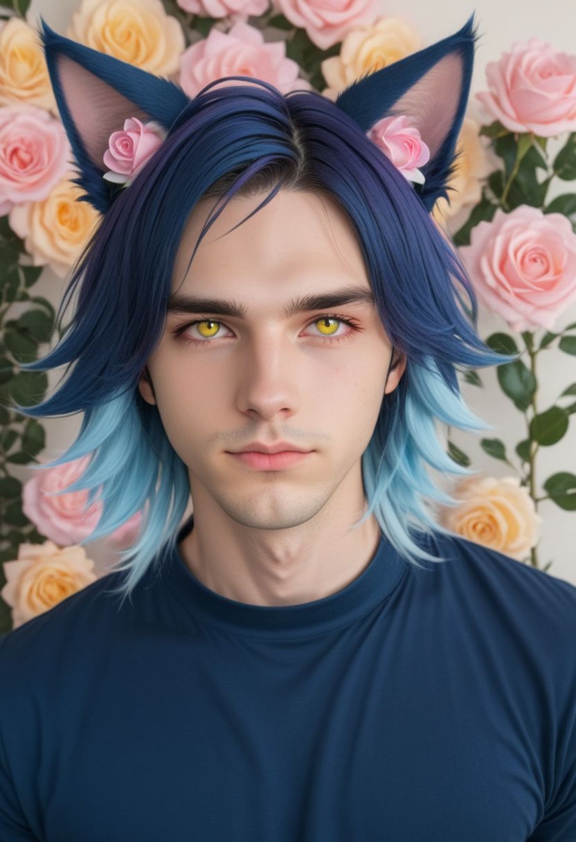 aszkstzz, animal ears, solo, flower, cat ears, rose, realistic, long hair, blue hair, fake animal ears, shirt, choker, t-shirt, male focus, looking at viewer, pink flower, yellow eyes, 1boy,  hyperdetailed photography, soft light,   cinematic angle, masterpiece, best quality ,