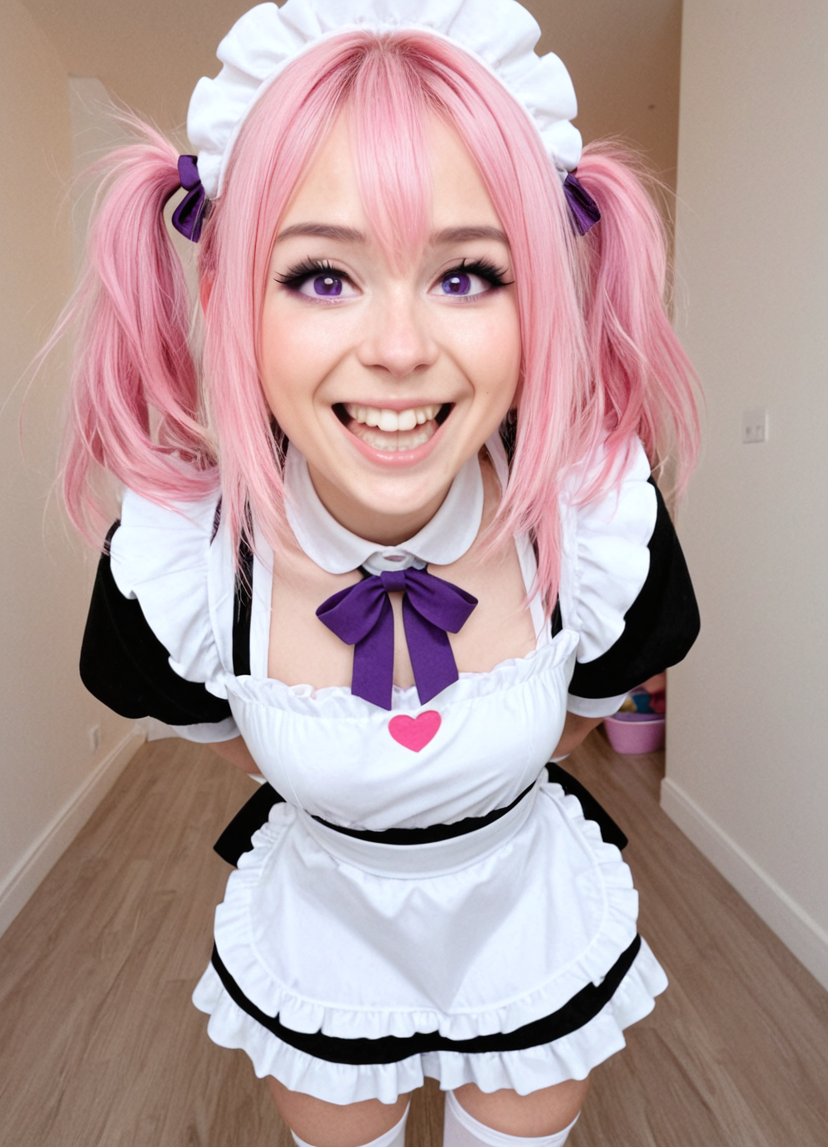 CivChan, 1girl, civchan, :D, uwu, mouth open wide, grin, smile, solo, pink hair, long messy hair, purple eyes, maid outfit, frilly apron, short skirt, thigh highs, energetic pose, huge grin, wide eyes, tilted head, flushed cheeks, sparkles, heart icons, colorful pastel room, cluttered cute chaos, high saturation, 35mm lens, cinematic lighting, dreamy bokeh, kawaii overload, hyper expression, bouncing mid-motion, too much energy, uncontainable cuteness
 <lora:CivChan_SDXL:1.0000000000000002>