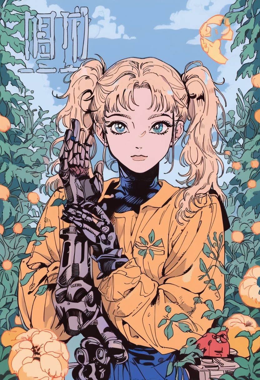 score_9, score_8_up, score_7_up, masterpiece, high quality, highly detailed, Vintage, 1girl, modern cyborg body, advanced tech, small build, cyborg arms, cyborg legs, glowing chest, cute human face, thick black eyelashes, bright blue eyes, twin tails, blonde hair, cute yellow summer dress, black sandals, looking at the viewer, cute smile, waving at the viewer, s4nh0m4y