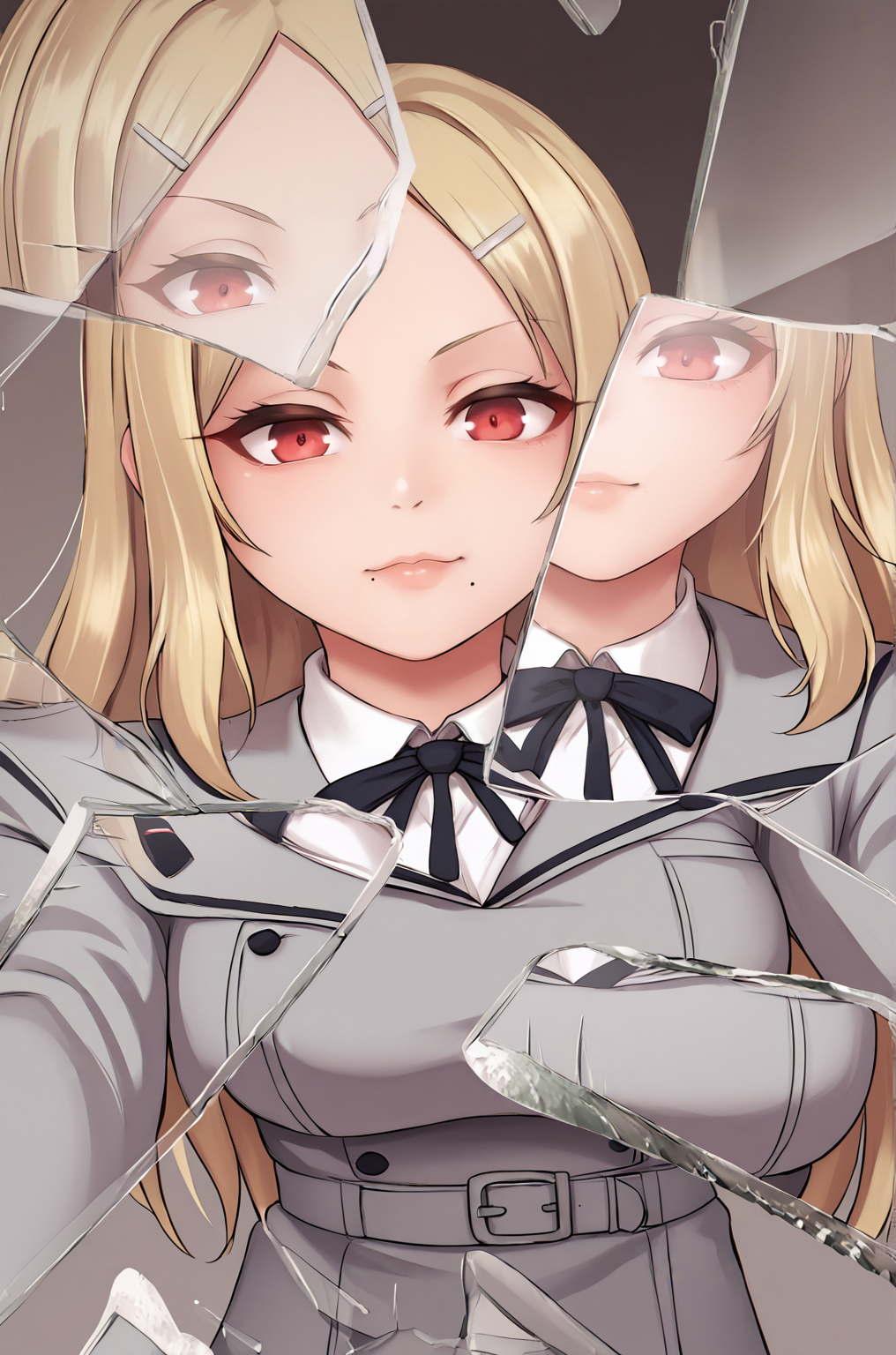 anime artwork, score_9, score_8_up, score_7_up, source_anime, BREAK, thick outline, fat outline,
Shiki_XL, blonde, long hair, red eyes, mole under mouth, hairclip, large breasts, BREAK, shiki_school_outfit, school uniform, black pantyhose, grey jacket, grey skirt, neck ribbon, grey belt, BREAK, IncrsXLBrknGls, broken glass, reflection, upper body, selfie,
<lora:Shiki_XL:0.7>
<lora:PersonalAmi_PonyXL:1>
<lora:BreakingGlassXLPDCAME:1>