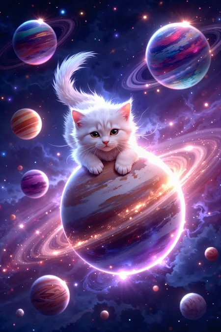 A portrait,video game cartoon close-up image of In the vast expanse of A fluffy white kitten with bright, twinkling eyes drifts through a colorful galaxy, its paws outstretched toward a massive, squishy planet that looks just like a rubber ball. The planet jiggles and bounces slightly as the kittenâs paw makes contact, sending ripples of energy through the surrounding stardust. Nearby, another planet, soft and woolen like a giant ball of yarn, floats serenely, its gentle threads trailing behind it as if inviting the kitten to play. The sky is filled with swirling colorsâdeep purples, vivid pinks, and sparkling bluesâwhile stars cluster together like glittering diamonds, casting a soft glow on the kittenâs snow-white fur. A ring of tiny, bouncy planets orbits lazily around the kitten, resembling colorful beads on an interstellar bracelet. Far in the distance, a glowing moon shaped like a catâs pawprint casts its warm light over the scene, adding a touch of whimsy to the galactic playground. The kittenâs eyes gleam with innocent curiosity, its playful nature perfectly at home in this cosmic dreamscape.(high-resolution, dynamic, energetic, dramatic lighting, shallow depth of field.)<lora:Videogame_Cartoon_Flux><lora:FluxMythP0rtr4itStyle:0.5><lora:Dever_Flux_Enhancer:0.5><lora:Aura_Flux-000010:0.6>