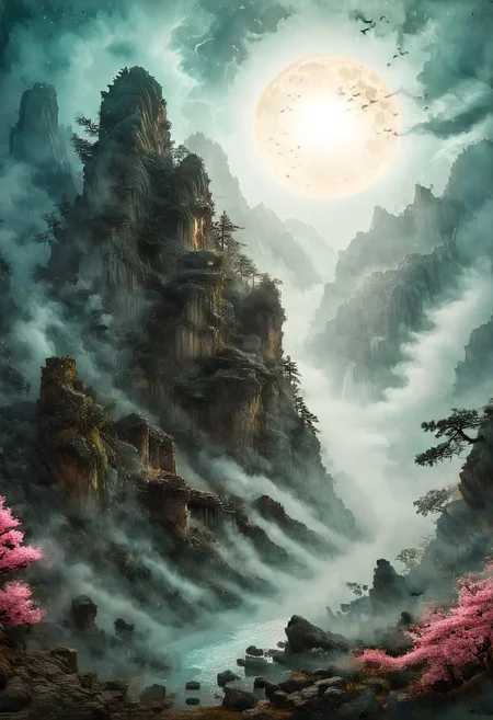 (Ink illustration on parchment, watercolor, novuschroma60 style bokeh, ink splashes, Ukiyo-E). ((watercolor)), ((Chinese landscape)), Pagodas, Red-Trees, landscape focus, small figure off-side, Japanese landscape, Rivers, Lake, Clouds, with watercolor washes, (((sakura forest landscape))), (((mist, waterfalls))), ((pink trees, sakura trees, vivid pink treetops)), (((full moon, moonbeams))), (((endless sakura forests that stretch outward to the horizon))), dotted with the ruins of an ancient destroyed civilization, crumbling stone, degraded buildings and temple, a long magical aurora borealis stretching across the sky, a broken moon high in the sky partially turned into an asteroid belt, a Saturn-like ringed-planet world, flickers of magical energy illuminating the land, in the far distance a giant wall of smoke is rising from the shattered earth in which a multitude of faces are forming and screaming, Ink splashes, rough ink sketch, Ghibli style, high contrast, stylized, dark skin, close up on face, head and shoulder, leather medieval top with lowered hood, Art Nouveau Style, detailxl, BadDream, dioramas,