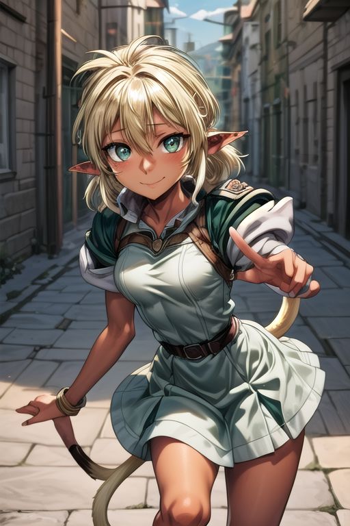 best quality, ultra-detailed, (1girl, solo,fam, blonde hair, (green eyes:1.5), pointy ears, Small breasts, dark skin, dark-skinned female, elf, long pointy ears, tail, Brutal smile, Narrow eyes), tutu skirt, ng_deepnegative_v1_75t, easynegative