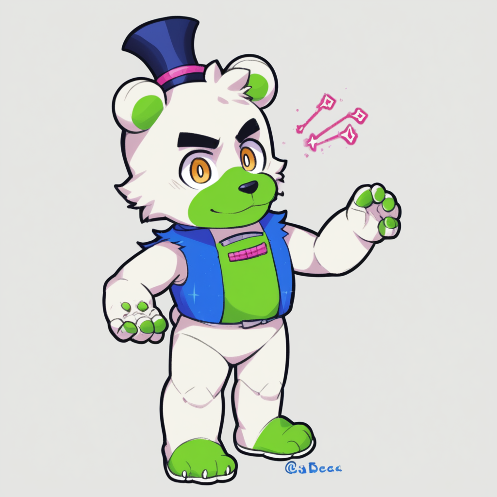 source_anime, colorful, score_9, score_8_up, score_8, (masterpiece), BREAK, 1boy,  chibi, <lora:saucebear_ponyxl-10:1.4>  (saucebear), blue hat, bear ears, yellow eyes, white fur, green chest, blue vest. simple background,