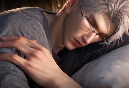 1boy, solo, male focus, toned male, Sylus_(Love_and_Deepspace), Sylus, Qinche, White hair, Red eyes, pale skin, detailed eyes, satisfaction, satisfied, neutral, (full body:1,5), (legs, hands, feet, eyes, socks:1.1)
glasses, closed eyes, grey casual clothes, long sleeves, long pants, sleeping, deep sleep, in bed, handsome, golden hour, beautiful light, light flare,
leg spread, view from bottom, intense shadow, intimidating, chest close to viewer, dark light, no light, shadow,
rating PG, score_9,score_8_up,score_7_up, source_anime,
male focus, Muscular,
big thigh, big thigh, big chest, hung, manly, tall, detailed eyebrow, sharp eyebrows, focus on thigh, hairy thigh, thigh focus, random view