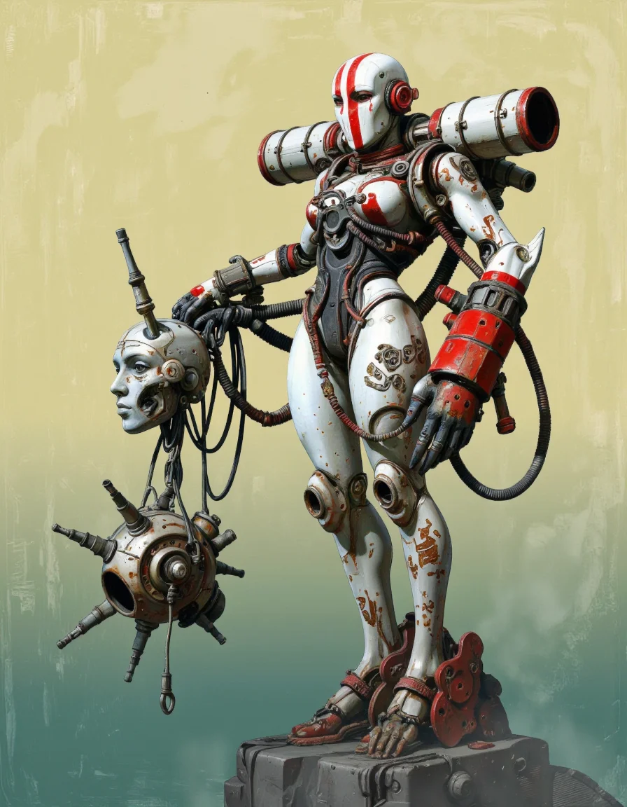 By Passcal Blanché. A digital artwork depicting a futuristic humanoid robot in a dynamic pose, captured from a low angle. The robot has a sleek, mechanized design with a mix of metallic and organic textures. Its body is primarily white with red and black accents, with intricate mechanical details and tubing. The robot's head is elongated, with a prominent red and white striped extension covering the top of its head. It has two large, cylindrical, red-tipped sensors or weapons protruding from its shoulders, giving it a menacing appearance.
The robot's limbs are articulated, allowing for a wide range of motion. It holds what appears to be a robot head in its right arm with pipes and cables coming out of it, suggesting that there was a fight that led to its destruction. The robot's legs are also mechanized, with thick, articulated metal structures and red accents. The background is a muted yellow and green gradient, adding a sense of depth and contrast to the image. The overall style is very detailed and realistic, with an emphasis on the complex mechanical design and imposing presence of the robot. The texture of the image is smooth, with a subtle grain that reinforces the futuristic feel. <lora:Pascal_Blanché:0.85>