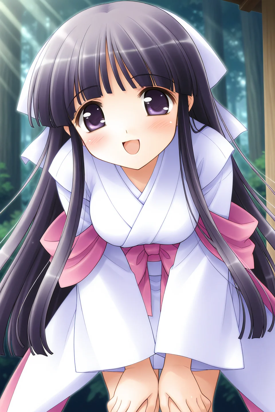 masterpiece, best quality, absurdres, official art, official style, general BREAK <lora:arisakamatsuri_IL_v1-2:0.7>, arisaka matsuri, 1girl, solo, purple eyes, black hair, purple hair, very long hair, blunt bangs, hime cut, sidelocks, hair ribbon, white ribbon, medium breasts, large breasts, white kimono, short kimono, long sleeves, wide sleeves, pink bow, pink capelet, arm ribbon, obi, pink sash, back bow, bottomless, no pants, smile, open mouth, blush, :d, looking at viewer, leaning forward, nature, upper body, tree, outdoors, happy, close-up, forest, standing, sunlight, blurry, dutch angle, v arms, hand on own knee