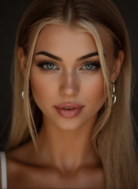 BrooklynMixer, ultra high definition and ultra realistic photo of a gorgeous young woman looking at the viewer with a seductive smile. Incredibly detailed zoomed in professional photo of her face.