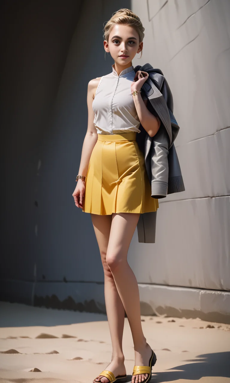 score_9, score_8_up, score_7_up, score_6_up, score_5_up, score_4_up, slim girl at beach , jakosho, gray jacket over shoulder, short yellow skirt and white blouse, <lora:JacketOverShoulderPony:1>