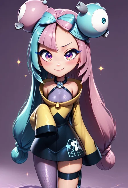 (score_9, score_8_up:1.1), score_7_up,
subsurface scattering,
purple theme background,glitter,sparkles,shiny,1girl, Live - action adaptation of a 3d character, 1girl, solo,
BREAK,
curvy,
zzionopokemon, solo, 1girl, long hair, pink eyes, blue hair, pink hair, light blue hair, multicolored hair, bow-shaped hair, yellow jacket, sleeves past fingers, single leg pantyhose, thigh strap,
BREAK,
charming face, smile, closed mouth, blushing, looking at viewer,