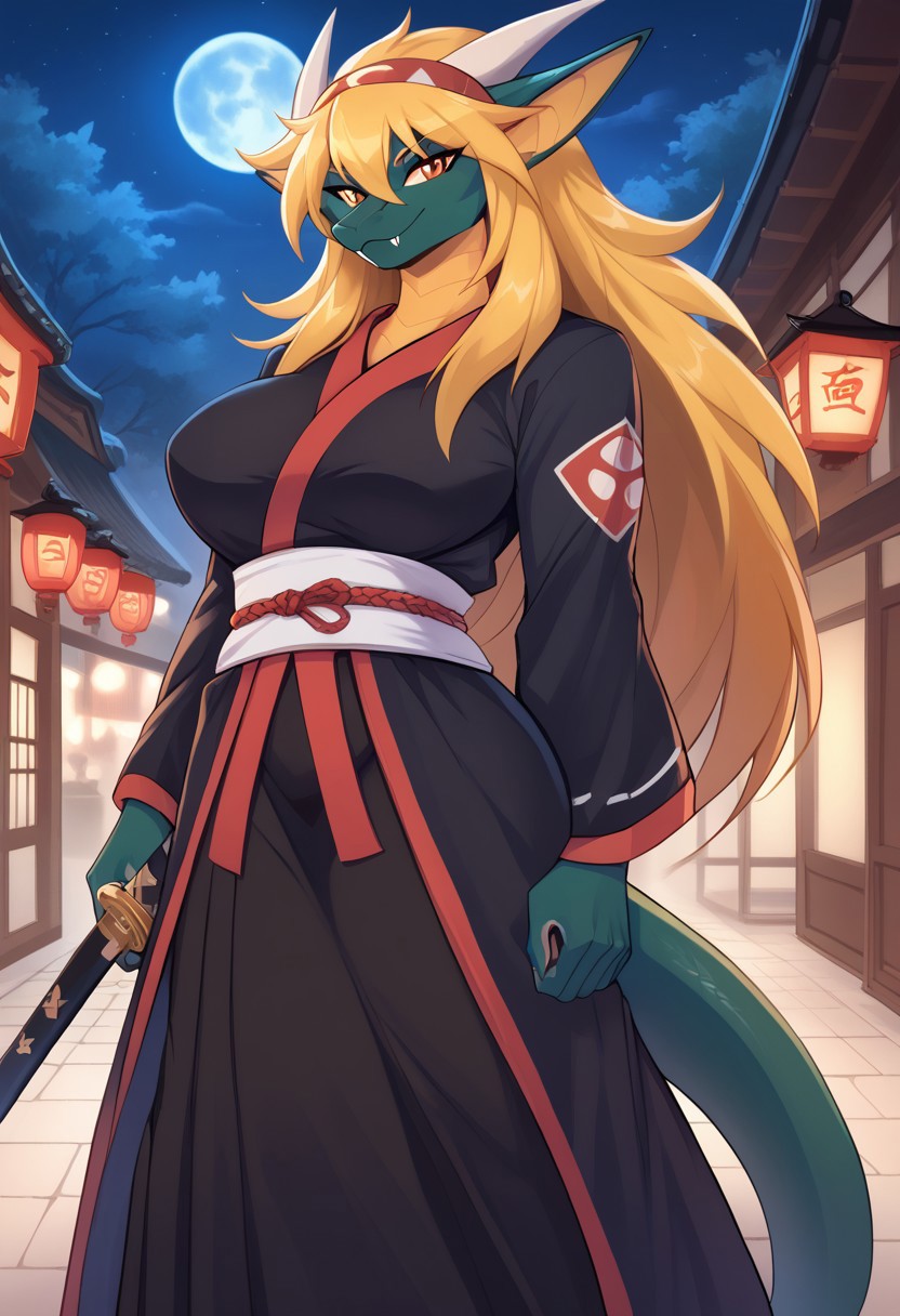 <lora:Scappo_Style_v2_PonyXL:0.8> by scappo, scappo,  score_9, score_8_up, score_7_up, girl, ayameedroll3, Japanese dragon, long hair, blonde hair,bloob hair,dense hair,horns, hidden ears, amber eyes, cobra fangs, big breasts, green body, orange belly,big ass, tail,elongated face, BREAK, cute, white, headband,black kimono, long skirt, katana on the belt, looking at the viewer, hands on the belt, night, full moon, Japanese village