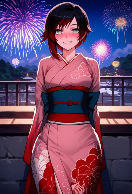 (score_9, score_8_up, score_7_up, high quality, best quality, ultra-detailed, very aesthetic, illustration, perfect composition, intricate details, absurdres, high res image, masterpiece, vibrant colors, beautiful face, detailed face, 1girl, perfect eyes, detailed eyes, female), RubyRose, black hair, red hair, two tone hair, silver eyes, pale skin, thick thighs, petite body, voluptuous, medium breasts, narrow-waisted, wide hips, (kimono, Japanese clothing, sash), (blushing, smile, hands behind back), (outdoors, balcony, fireworks)