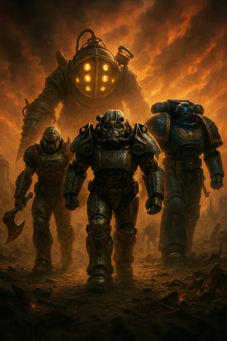 An epic, high-detail movie poster showing iconic video game warriors walking toward the viewer in dramatic unison, ready for battle. Front and center is the T-60 Power Armor from Fallout 4, battle-worn and gleaming under apocalyptic sunlight. To his right, a towering Space Marine from Space Marine 2, armor etched with purity seals and scorched by war. On the left, the brutal DOOM Slayer from DOOM: The Dark Ages, gripping a jagged axe and radiating unrelenting fury. Behind them looms the hulking Big Daddy from BioShock, glowing portholes casting eerie light across his drill arm. Dust and sparks swirl at their feet as they march forward through a war-torn battlefield strewn with wreckage and smoldering ruins. The sky behind them is ablaze with orange and crimson, evoking an incoming cataclysm. Rendered in ultra-cinematic detail with gritty lighting, smoky atmosphere, widescreen composition (2.35:1), and dramatic lens flares—like a poster for the ultimate crossover war movie.