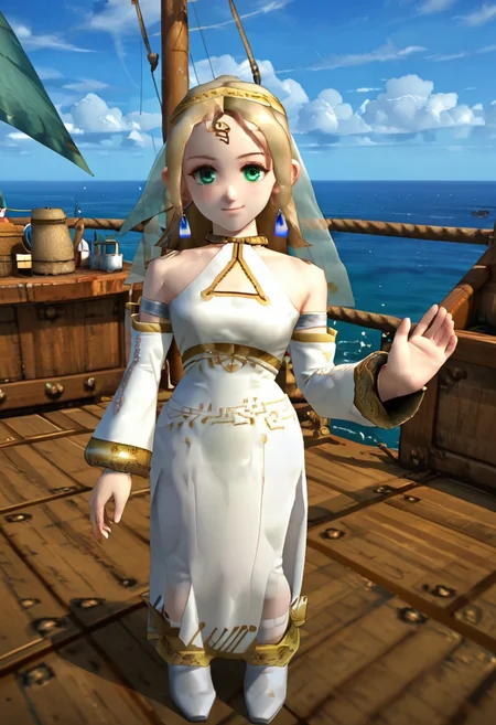 safe_pos, score_9, score_8_up, score_7_up,source anime,looking at viewer,full body,highly detailed,fina, 1girl,green eyes, smile,blushing,dress, jewelry, blonde hair, earrings, long hair, detached sleeves, body towards viewer,cupil,cupil hovering above ground, on deck on ship, sky,hand raised,Expressiveh