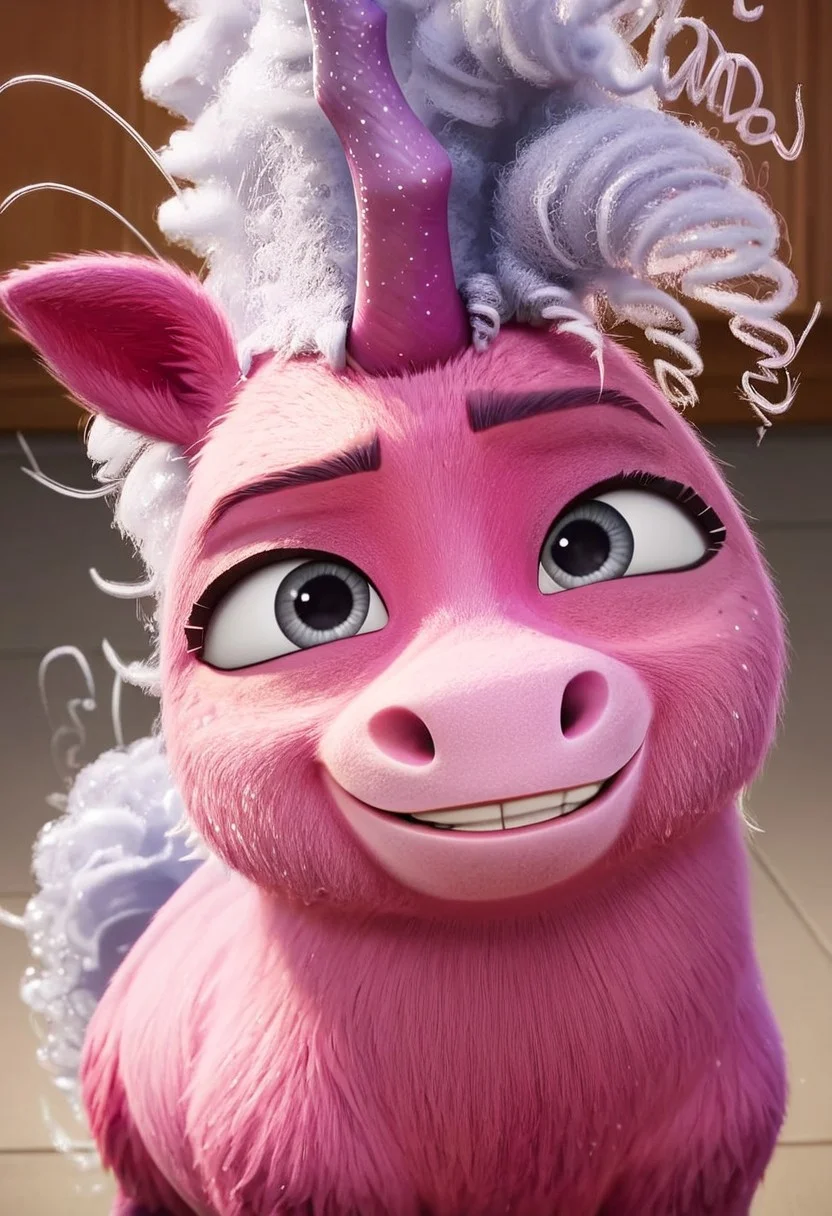 thelma unicorn, single horn,1girl, small unicorn, short body, female unicorn, grey eyes, two-toned fur, pink and purple fur, white hair, curly hair, white tail, curly tail, feral, score_8_up, score_7_up, BREAK, 1girl, solo, looking at viewer, cute, smiling, smug, from above, female focus, looking at viewer, detailed background, 4k, masterpiece, best quality, highly detailed, 3d, full shot, realistic, 3d,