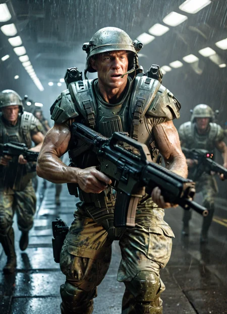 cinematic movie poster, muscular uscmc man in military uniform, epic battle, firing his assault rifle at night, gun fire, dirty, camouflage, helmet, heavy rain, multiple light sources, 
surrounded by aliens, male focus, science fiction, 
<lora:United_States_Colonial_Marine_Corps_-_Aliens_SDXL:0.8>