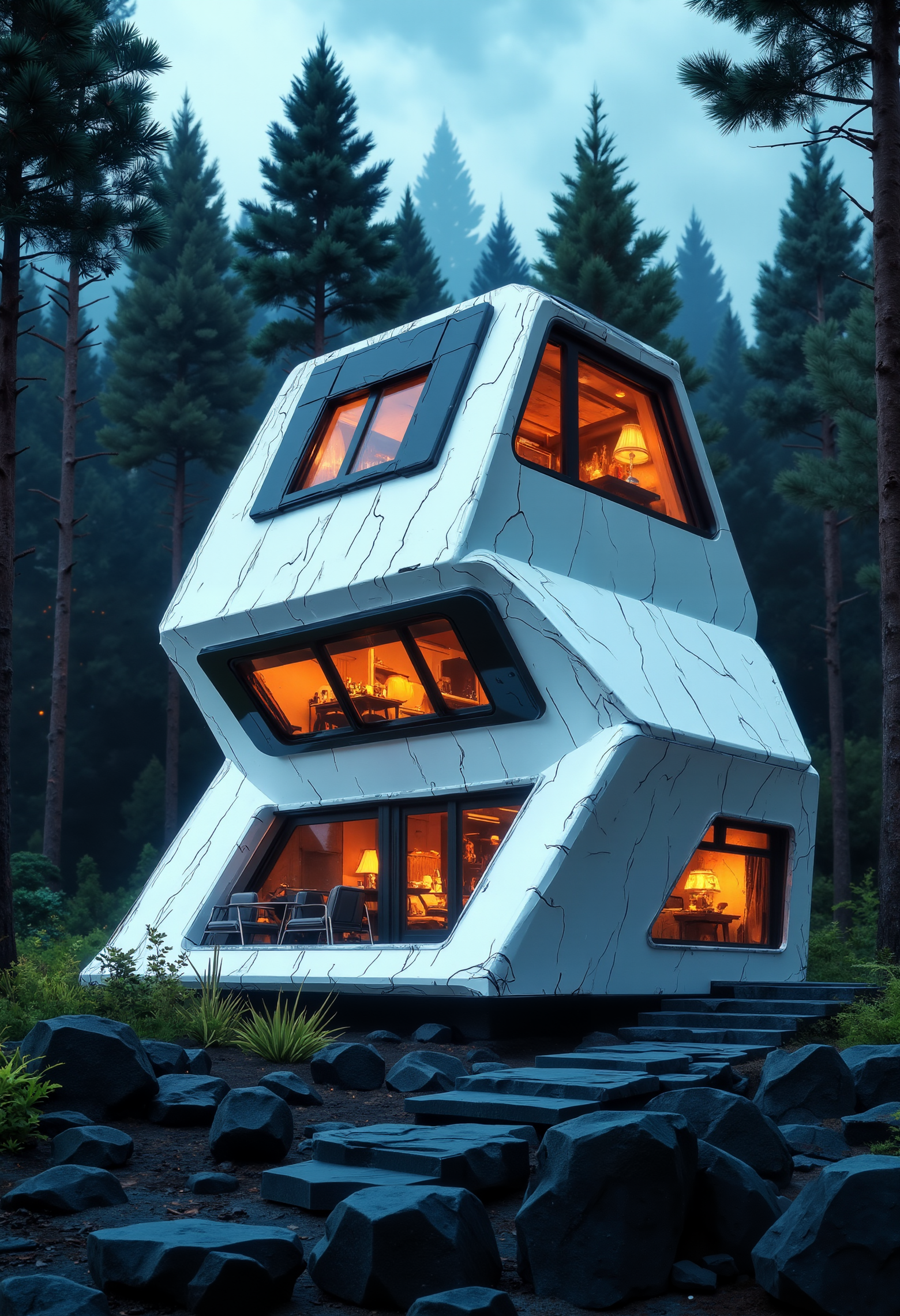 pst009, A luxurious big white creative container villa in the forest, natural, realistic, natural scenery, panoramic view, wide angle of super distance