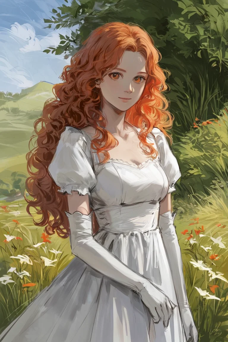 score_9, score_8_up, score_7_up, rating_safe, sketch, 1girl, solo, long hair, curly hair, wavy hair, orange hair, orange eyes, looking at viewer, breasts, dress, white dress, puffy sleeves, puffy short sleeves, short sleeves, gloves, elbow gloves, white gloves, cowboy shot, closed mouth, standing, outdoors, field, flower, grass, plant, sky <lora:Sketch Illustration Style [LoRA] - Pony V6 XL:0.7>