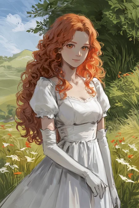 score_9, score_8_up, score_7_up, rating_safe, sketch, 1girl, solo, long hair, curly hair, wavy hair, orange hair, orange eyes, looking at viewer, breasts, dress, white dress, puffy sleeves, puffy short sleeves, short sleeves, gloves, elbow gloves, white gloves, cowboy shot, closed mouth, standing, outdoors, field, flower, grass, plant, sky <lora:Sketch Illustration Style [LoRA] - Pony V6 XL:0.7>