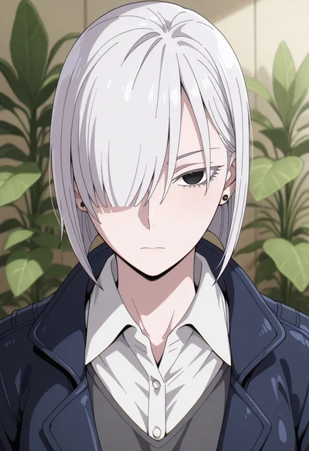 masterpiece,best quality,amazing quality, fiona frost, white hair, short hair, black eyes, 1girl, solo, plant, hair over one eye, shirt, jewelry, earrings, looking at viewer, white shirt, collared shirt, jacket