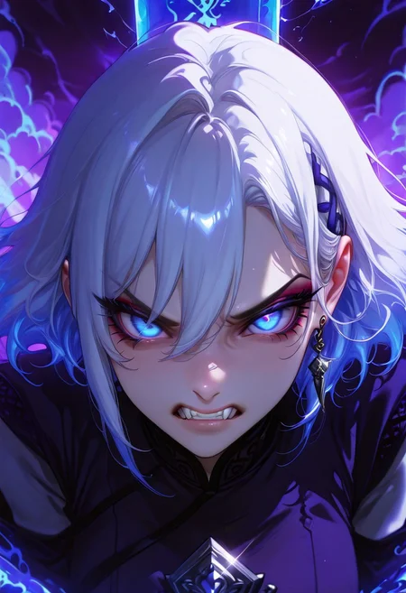 Close - up, frontal view. In a hyper - realistic fantasy scene, a man in a billowing blue silk robe is mid - swing, slashing an ice - blue greatsword forward. Ice - blue flames rage along the blade. The close - up focuses on his face. His long white hair whips back, and his ice - blue eyes are wide with intense determination, filled with a fierce, otherworldly light. His features are sharp, with a clenched jaw showing the effort of his powerful swing. Purple, swirling clouds filled with magical energy surround him, adding to the dramatic and mysterious atmosphere. The image has 32K UHD resolution for extreme detail, like the individual strands of his hair and the glint in his eyes. It has cinematic color - grading to enhance the vivid blues, purples, and the paleness of his skin. An award - film - like grainy texture gives it an authentic feel. The depth of field keeps his face in sharp focus, while the background of the swirling clouds and the blurred sword blade add a sense of depth and motion, creating a highly impactful visual that draws the viewer into this intense fantasy moment.
, xxx667_illu, melanch0ly, <lora:illustriousXL_stabilizer_v1.23:0.3> <lora:NOOB_vp1_detailer_by_volnovik_v1:0.3> <lora:ponyv6_noobE11_2_adamW-000017:0.3> <lora:XXX667:0.7> <lora:MelancholyAnime:0.8>