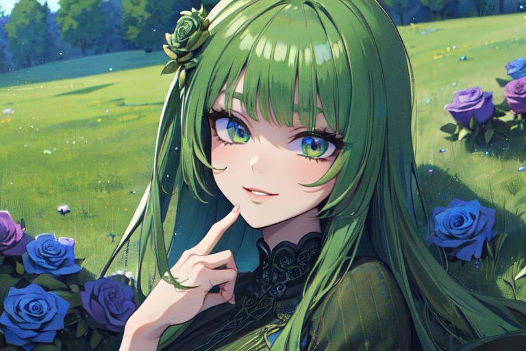 (masterpiece:1.4), 4K8K, (anime style), (high shutterspeed:1.4), (sharp edges), 
SyFyEye1, FanFo, 
1woman  hands togather,  leaning foward, face focus, smile, closed mouth, 
wearing Celtic style dress, (Detailed face, Detailed eyes, Detailed lips), (solo), 
any colored roses, Fantastic, grass firld,