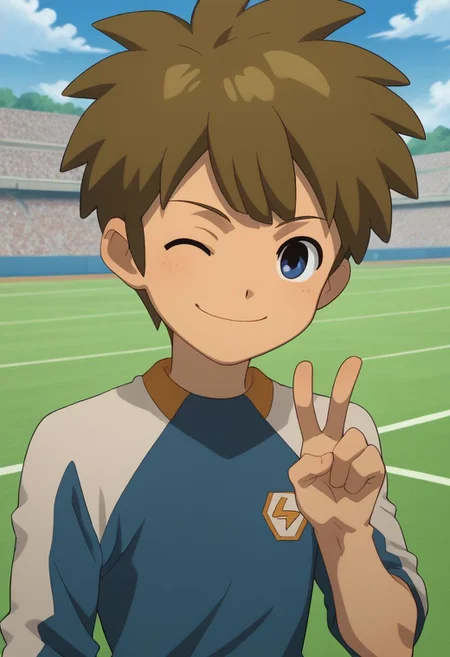 score_9, score_8_up, score_7_up, source_anime, highly detailed, slender, skinny, cute,
darren, 1boy, male focus, solo, brown hair, blue eyes, looking at viewer, sportswear, raimon, smile, wink, v sign,
outdoor, soccer field,