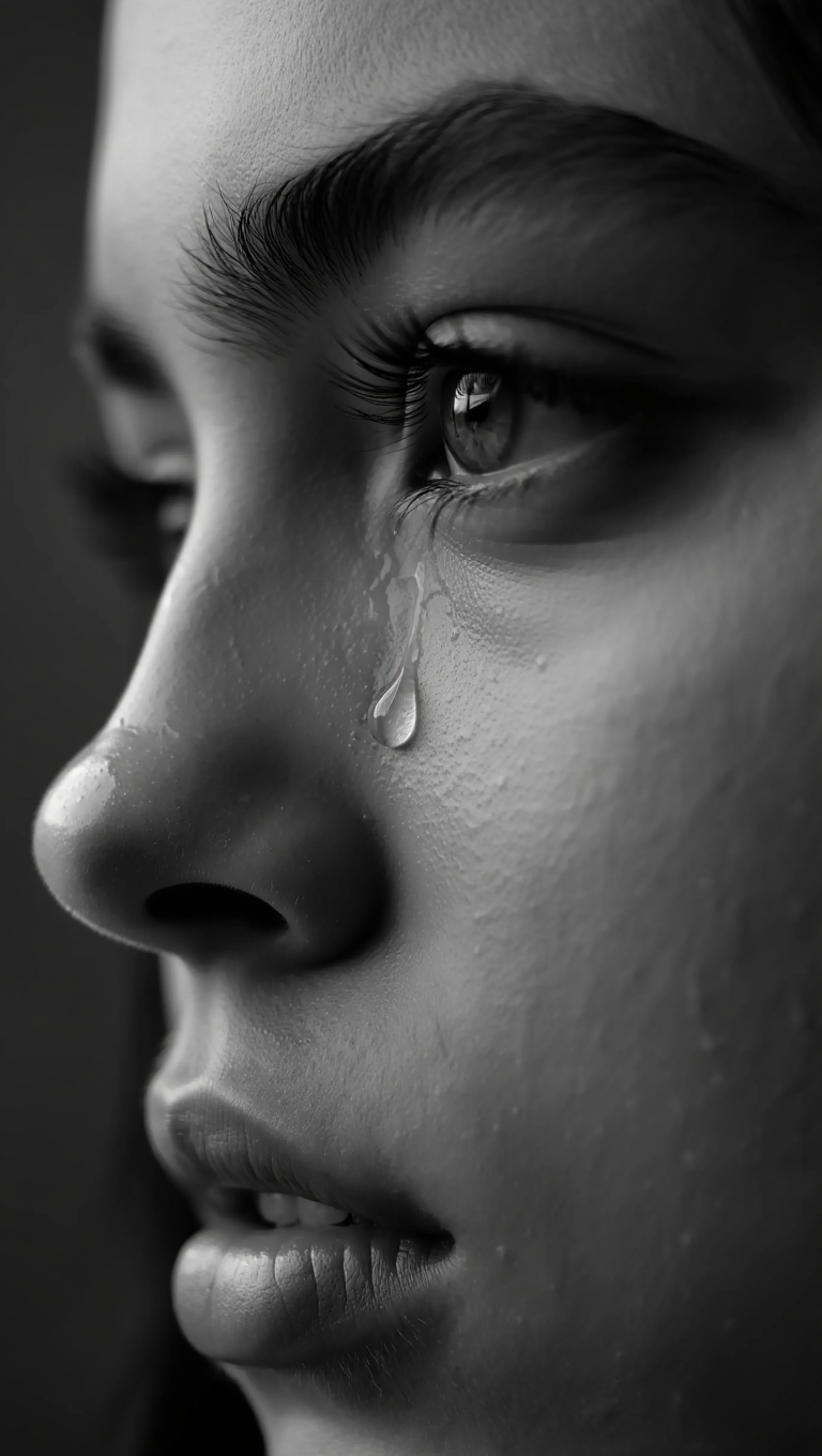 A black and white extreme close-up portrait photograph captures a single teardrop rolling down the right side of a young adult's face. The right eye shows intense detail with long eyelashes, and full lips are slightly parted. Side lighting creates stark light and shadow contrasts across the facial features. The shallow depth of field isolates the subject against a dark, blurred background. The monochromatic treatment reveals fine details of skin texture and moisture on the face. Black and white macro photography with dramatic side lighting and shallow depth of field.