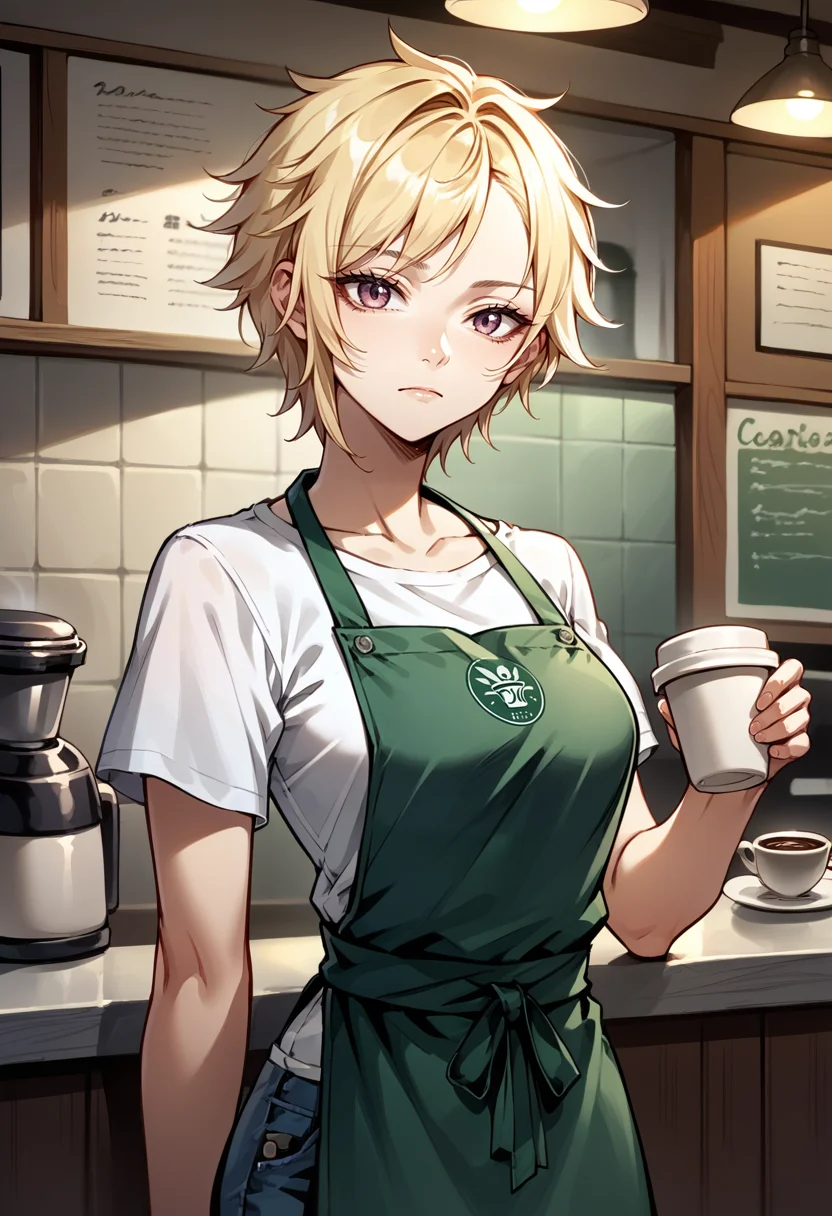 score_9, score_8_up, score_7_up, source_anime, 1girl, upper body, looking at viewer, expressionless, head on hand, <lora:MiladySH2-pdxl:1> defMilady, short hair, short sleeves, white shirt, medium breasts, green apron, jeans, counter, indoors, cafe, coffee cup