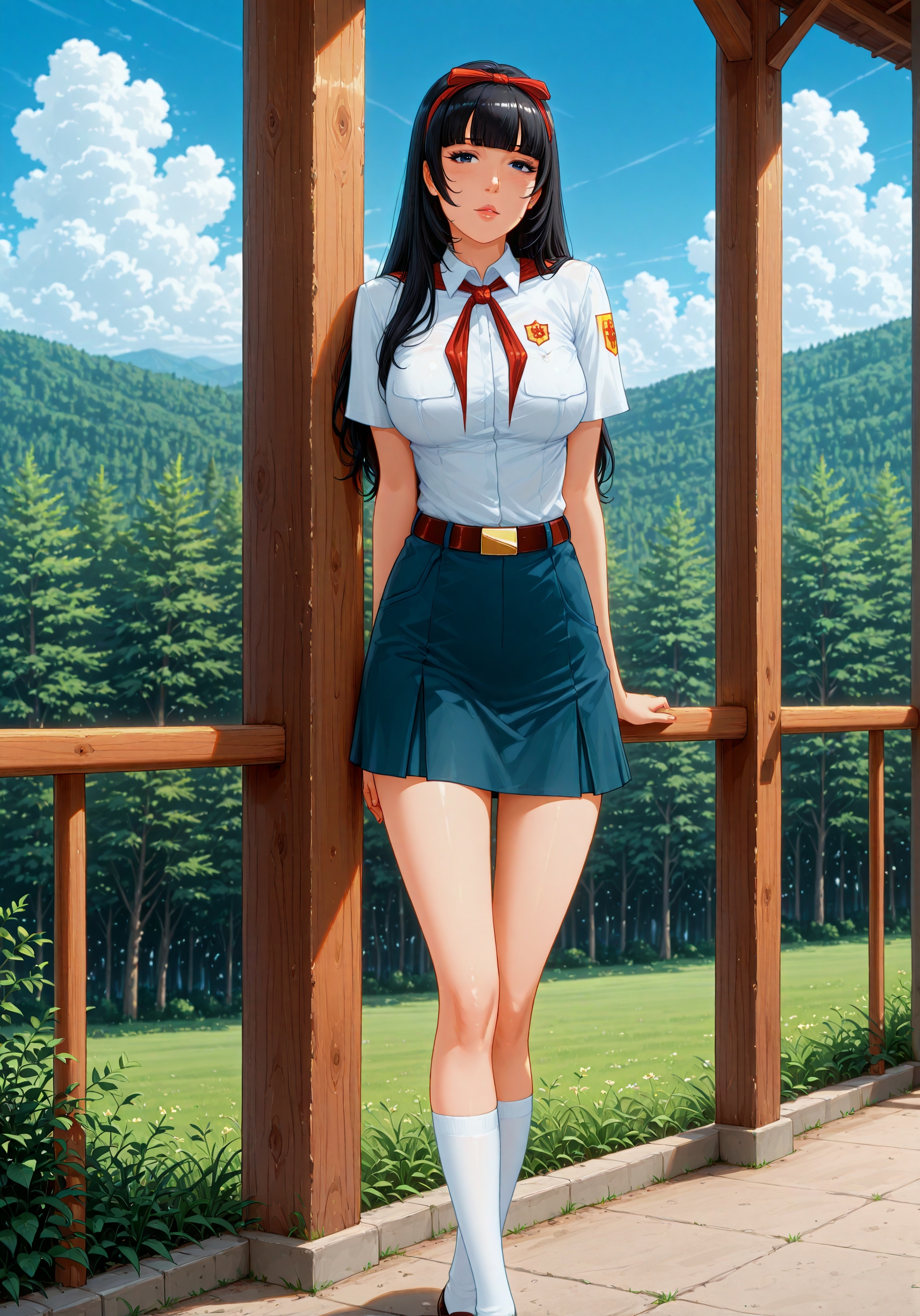 masterpiece, high_quality, highres, detailed_eyes, detailed, masterpiece, best quality, absurdres, 8k, HDR, face_focus, high quality, very_awa, newest, absurdres, highres, depth_of_field, realistic_skin, pinkretroanime, (retro art:0.7), Jeddtl02, p0nyd1sney1ncasev1x0n2, very aesthetic, detailed face, pioneer_uniform, el_pioneer_outfit, white_shirt_pioneer, short_sleeves, pioneer_badge, blue_short_pioneer, red_neckerchief, belt, white_socks, shoes,<lora:Yamato_Aoki_illustrious:1> , black eyes, long hair, bang, black hair, large hanging breasts elegant and dominant, mature, adult, sexy, medium breasts, looking at viewer, detailed beautiful eye, medium breasts, amazing background, clouds, nature, forest, ,  <lora:Everlasting_summer_pioneer_uniform:1>, detailed skin texture, (blush:0.5), (goosebumps:0.5), subsurface scattering