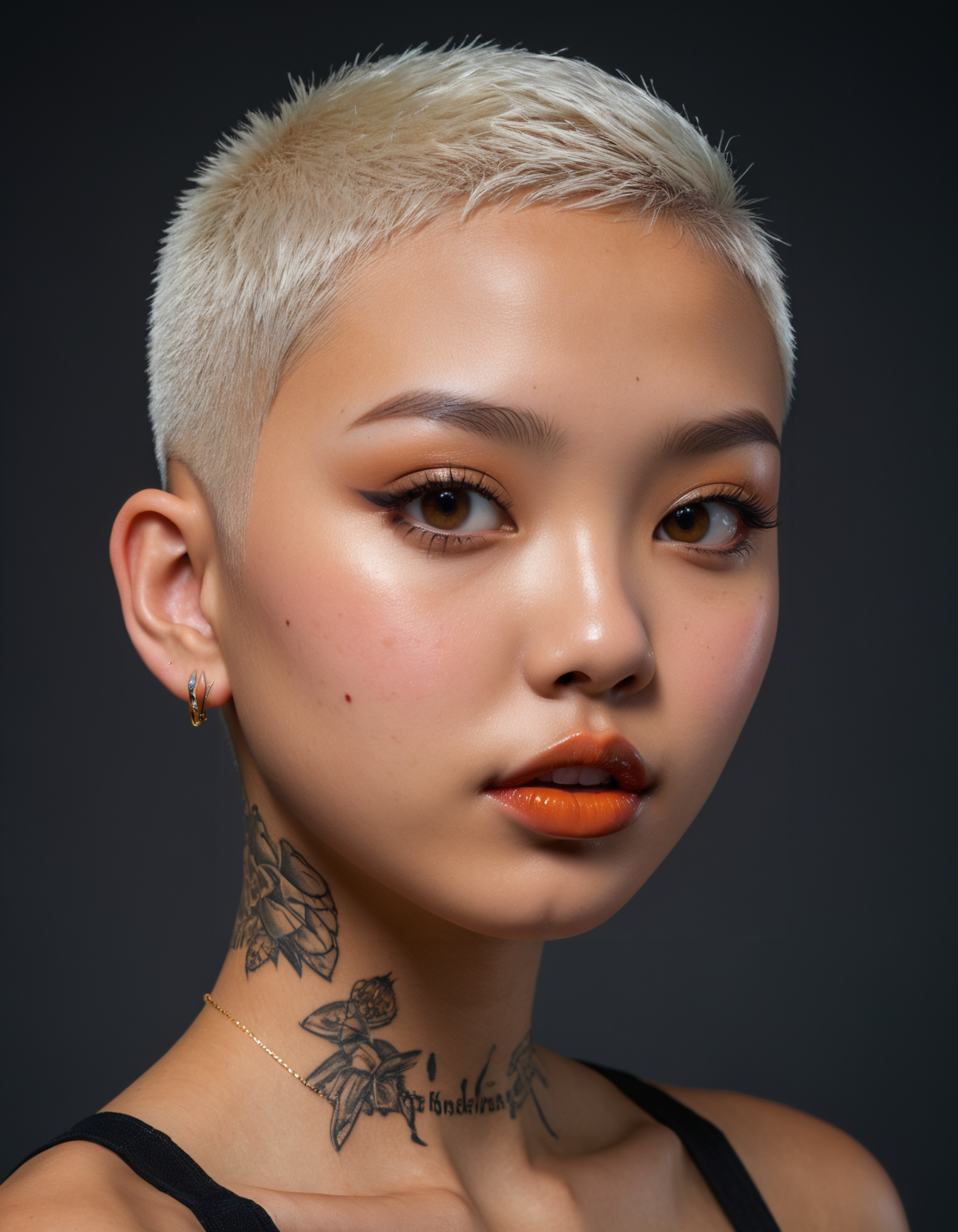 full body shot, side view, profile view, extremely realistic and detailed skin texture, insanely clear and detailed eyes, glossy lipstick, full lips, cute small flawless nose, short white hair, buzz cut, light amber eye color, beautiful face features of an  Asian 18 year old amateur model, neck tattoo,
ISO 300, 1/250s, F/2,8, 38 mm, extremely high quality RAW photograph, intricate, exquisite details and textures, highly detailed, ultra detailed photography, 4k, sharp focus, high resolution, 8k UHD, DSLR, high quality, film grain, Fujifilm XT3, looking at viewer, dynamic pose, wide angle view, dark limited palette, low key lighting, (wide angle view , medium close up:1.4)
<lora:add-detail-xl:1> <lora:xl_more_art-full_v1:0.5> <lora:looking_at_viewer:2>