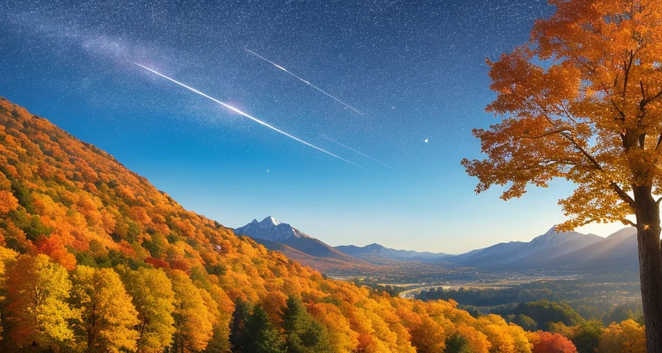 Scenery, mountain vistas, floating leaves, autumn, light and shadow, dream, shooting stars in the sky,evening