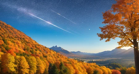 Scenery, mountain vistas, floating leaves, autumn, light and shadow, dream, shooting stars in the sky,evening