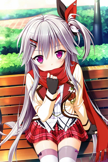 masterpiece,best quality,amazing quality,highres,scenery,newest,1girl,official style,inori,long hair,purple eyes,grey hair,hair between eyes,bangs,inori school,striped,scarf,thighhighs,skirt,hair ornament,one side up,striped thighhighs,red scarf,plaid skirt,necktie,ribbon,hairclip,hair ribbon,plaid,school uniform,zettai ryouiki,mismatched legwear,red skirt,pleated skirt,asymmetrical legwear,fingerless gloves,<lora:inori:1>,outdoors,park bench,sitting,looking at viewer,arm support,covered mouth,