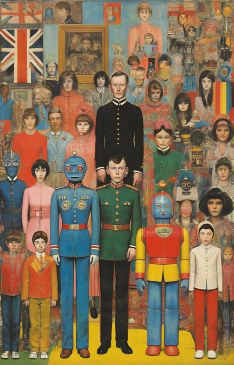 masterpiece,best quality,<lora:tbh284-sdxl:0.9>,illustration,style of Peter Blake portrait of Housework robots